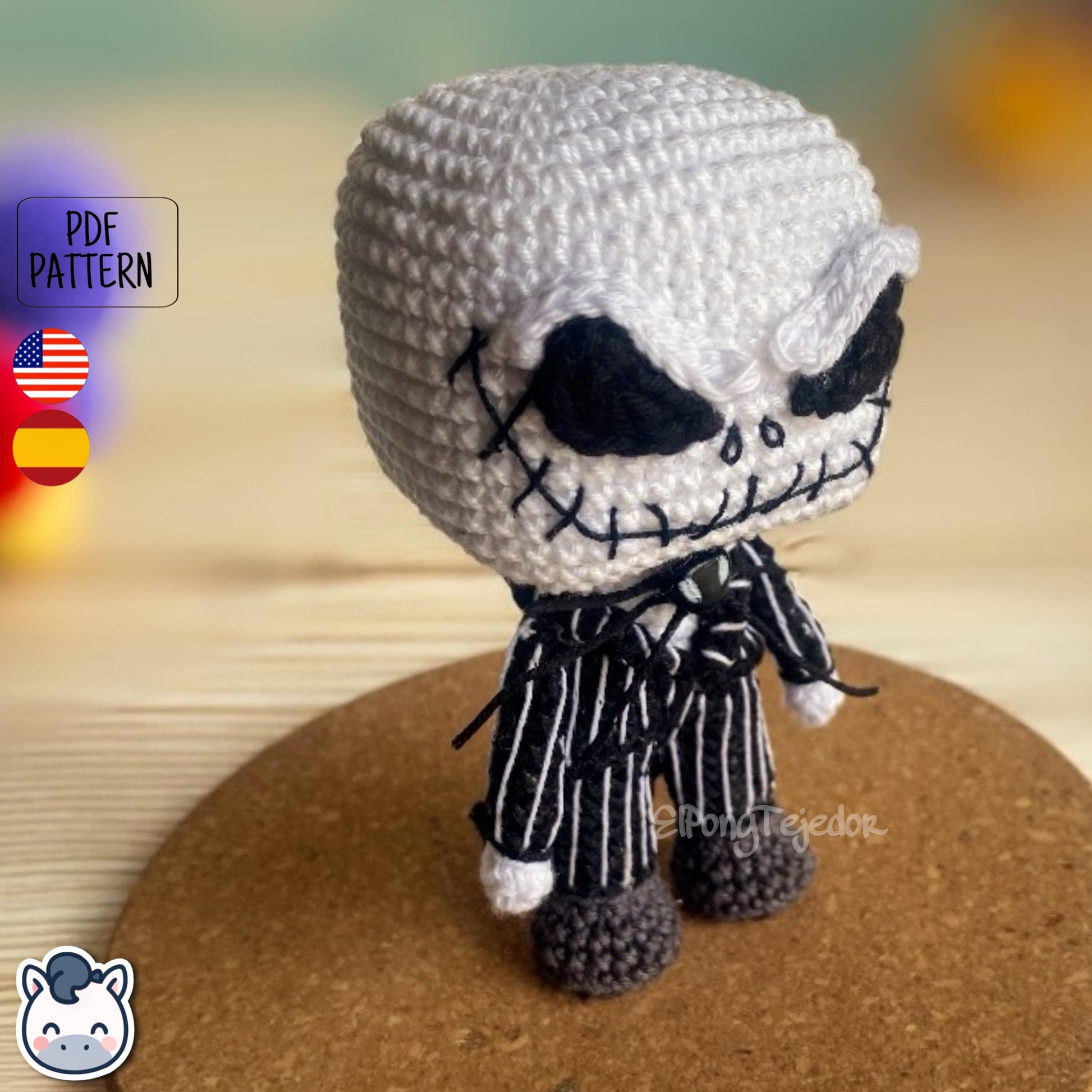 Handmade Jack Skellington amigurumi inspired by Tim Burton’s The Nightmare Before Christmas, spooky Halloween crochet pattern PDF.