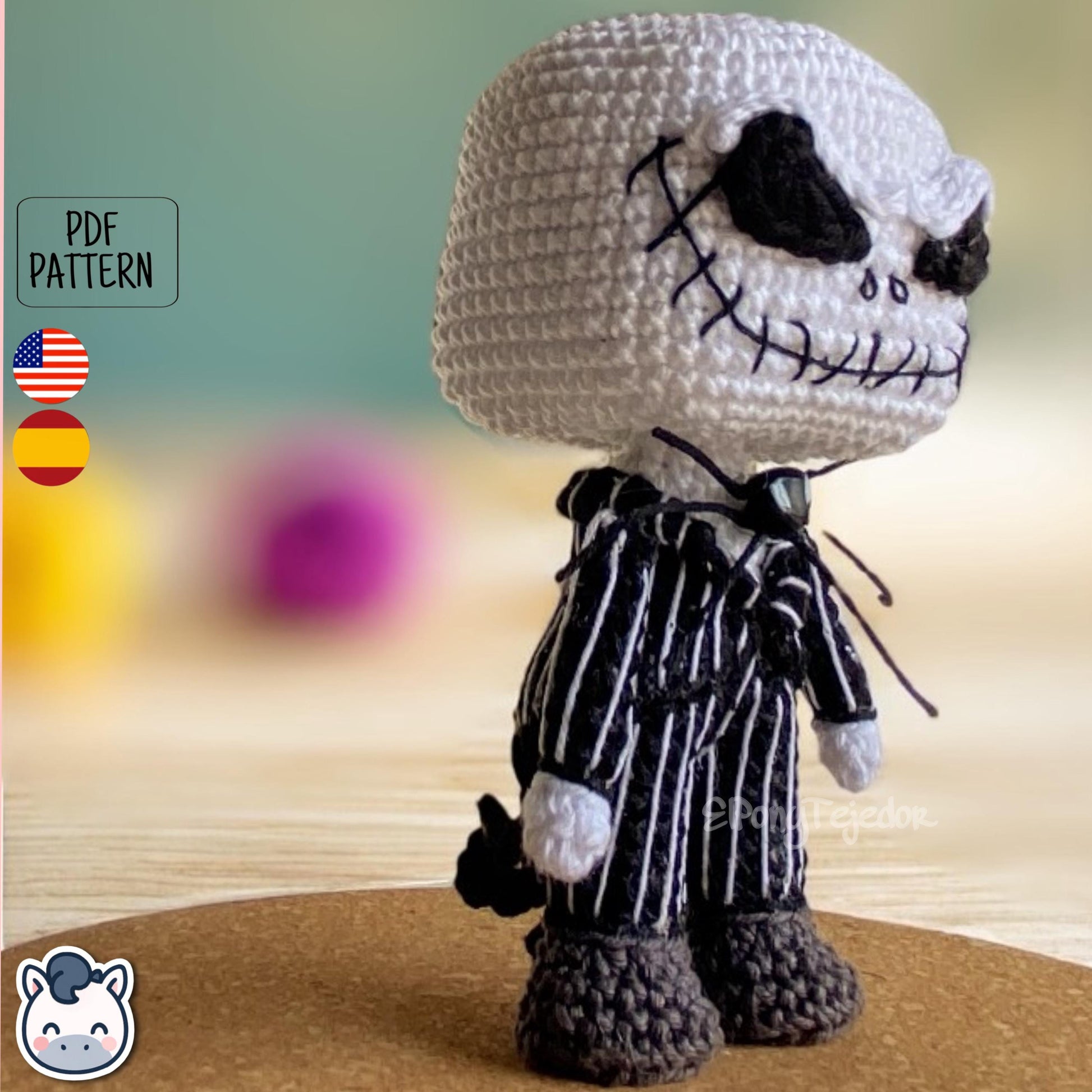 Handmade Jack Skellington amigurumi inspired by Tim Burton’s The Nightmare Before Christmas, spooky Halloween crochet pattern PDF.