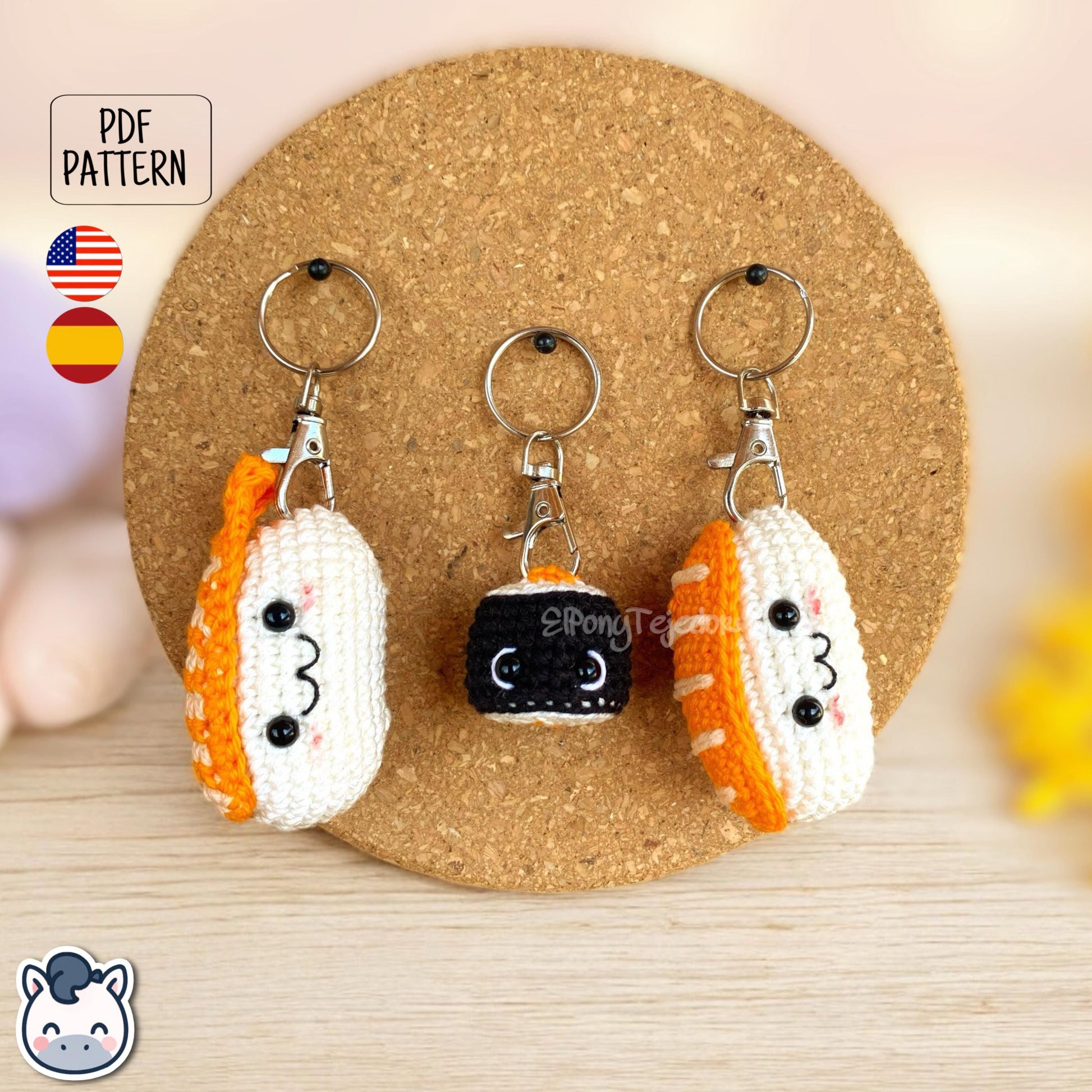 This Nigiri and Maki sushi amigurumi crochet kit includes all materials plus a detailed PDF pattern to create your own handmade kawaii keychains. Inspired by Japanese food, this DIY crochet kit contains yarn, filling, and step-by-step photo instructions to make adorable sushi plushes. Perfect for beginners, sushi lovers, and geek crochet fans. Available in English and Spanish, this kit makes the cutest handmade gift idea for any food lover.