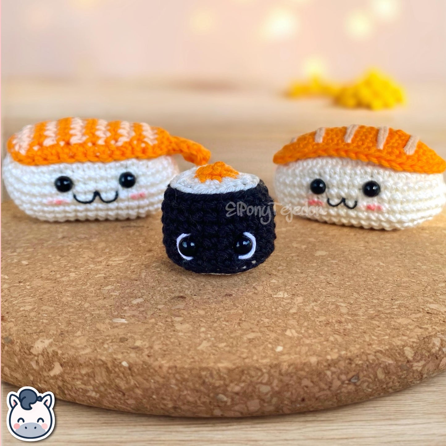 This Nigiri and Maki sushi amigurumi crochet kit includes all materials plus a detailed PDF pattern to create your own handmade kawaii keychains. Inspired by Japanese food, this DIY crochet kit contains yarn, filling, and step-by-step photo instructions to make adorable sushi plushes. Perfect for beginners, sushi lovers, and geek crochet fans. Available in English and Spanish, this kit makes the cutest handmade gift idea for any food lover.