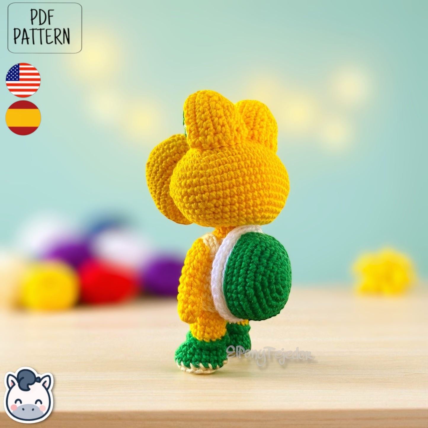 Handmade Koopa amigurumi inspired by Nintendo’s Super Mario, a cute crochet pattern PDF perfect for retro gaming fans and geek collectors.
