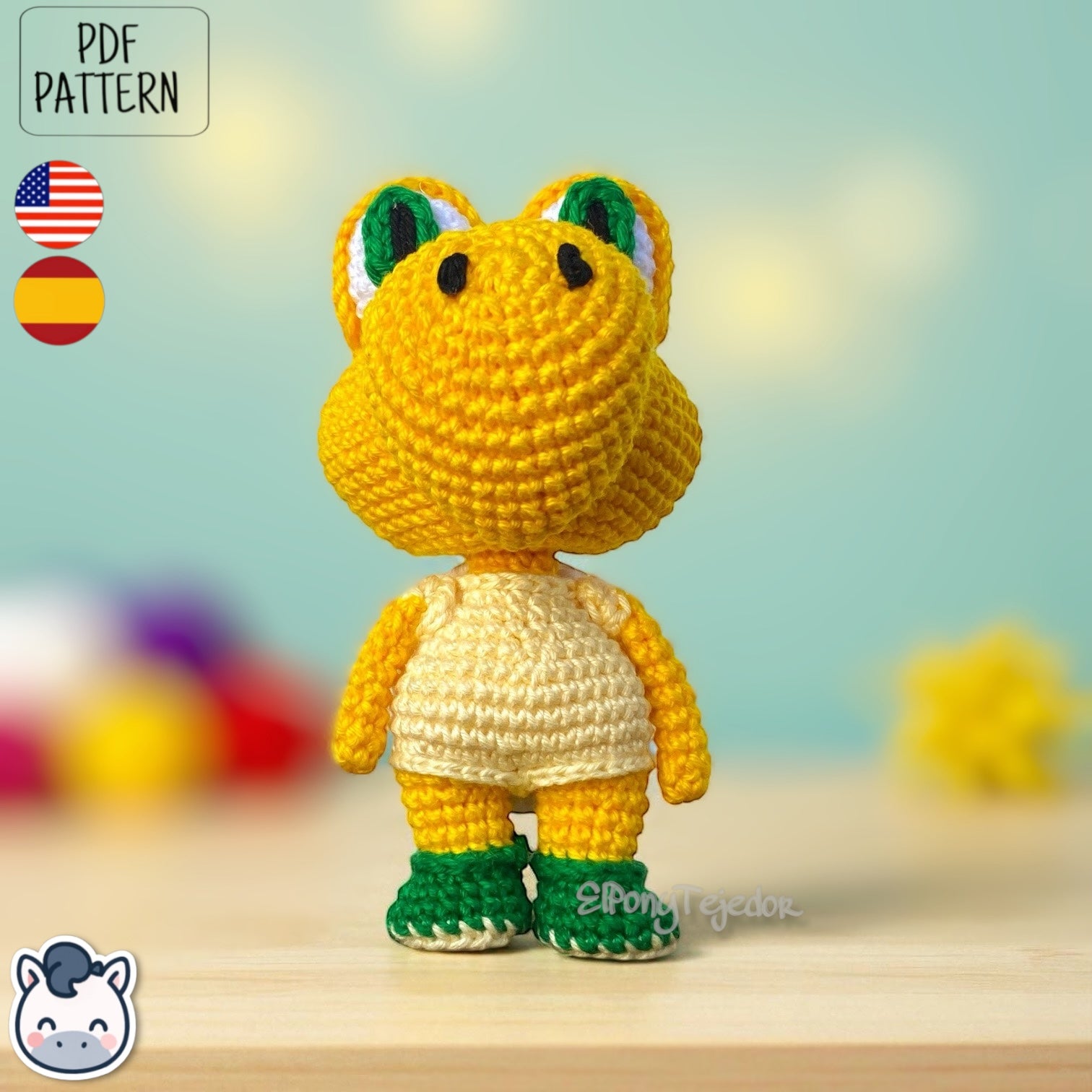 Handmade Koopa amigurumi inspired by Nintendo’s Super Mario, a cute crochet pattern PDF perfect for retro gaming fans and geek collectors.