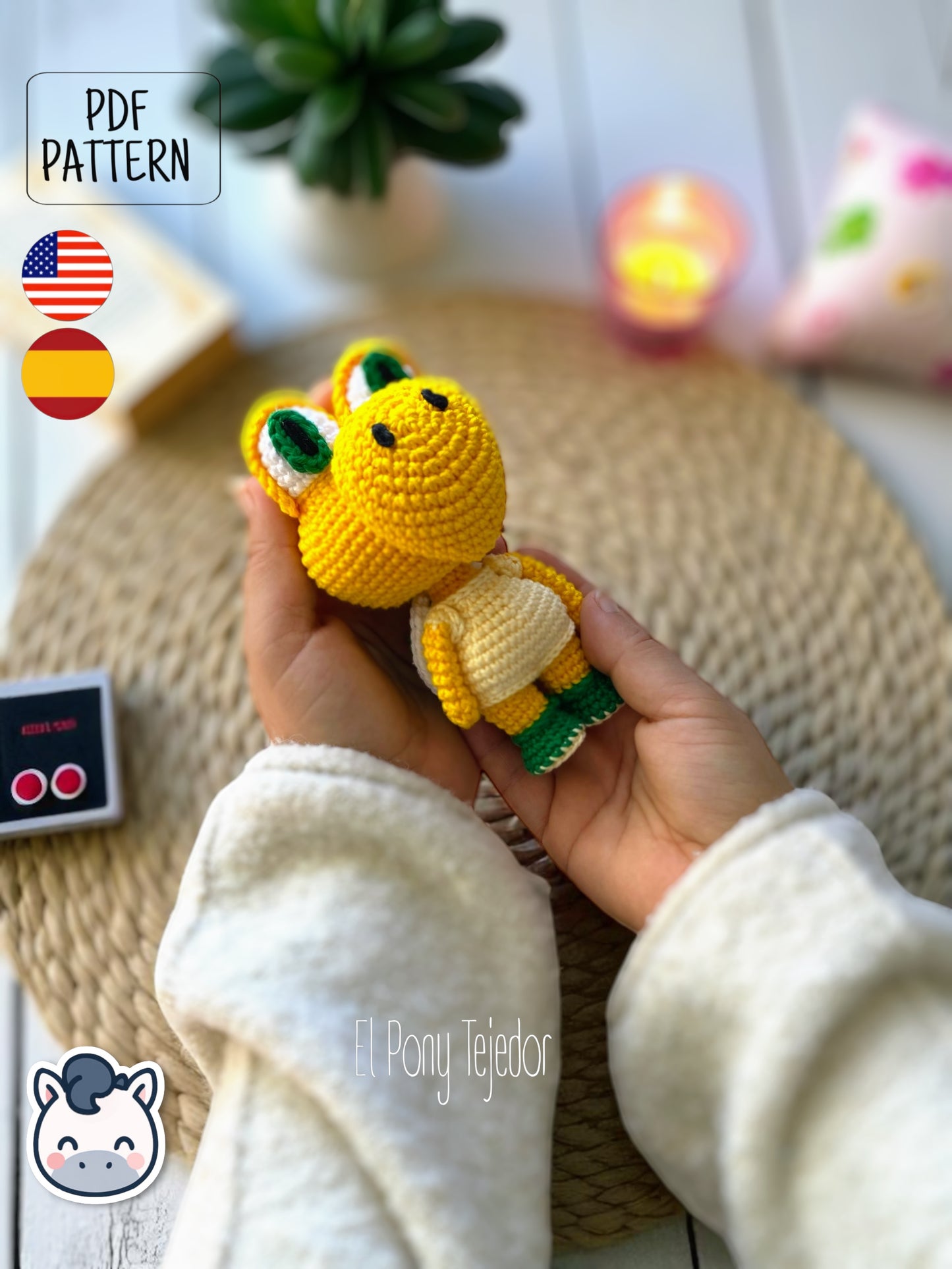 Handmade Koopa amigurumi inspired by Nintendo’s Super Mario, a cute crochet pattern PDF perfect for retro gaming fans and geek collectors.