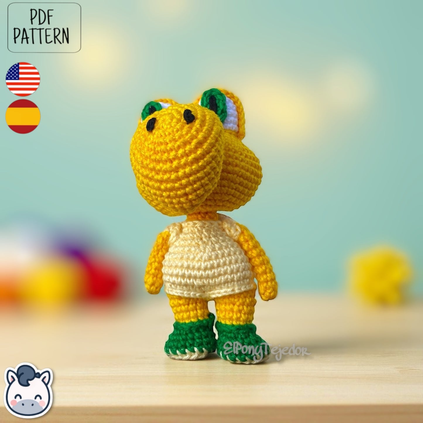 Handmade Koopa amigurumi inspired by Nintendo’s Super Mario, a cute crochet pattern PDF perfect for retro gaming fans and geek collectors.
