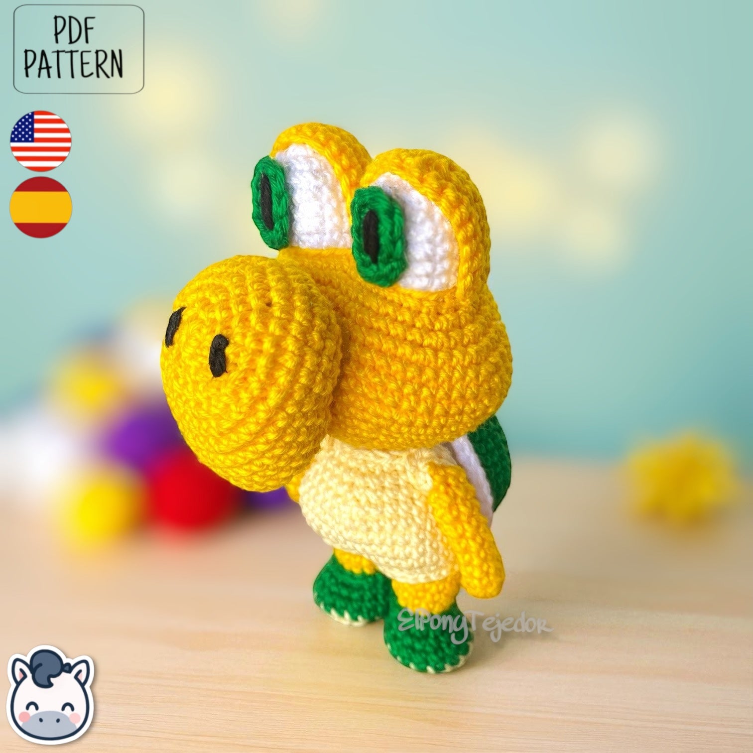 Handmade Koopa amigurumi inspired by Nintendo’s Super Mario, a cute crochet pattern PDF perfect for retro gaming fans and geek collectors.