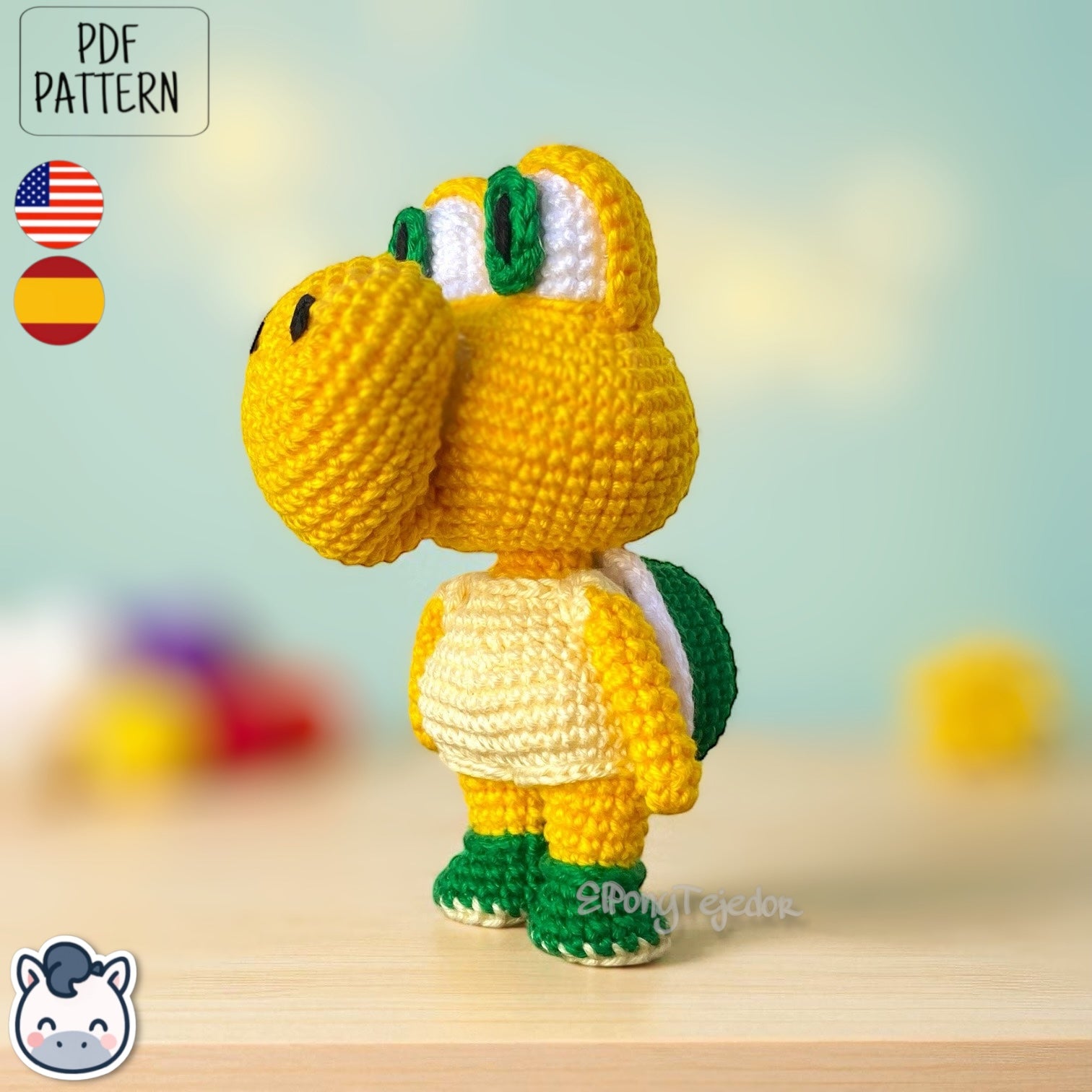 Handmade Koopa amigurumi inspired by Nintendo’s Super Mario, a cute crochet pattern PDF perfect for retro gaming fans and geek collectors.