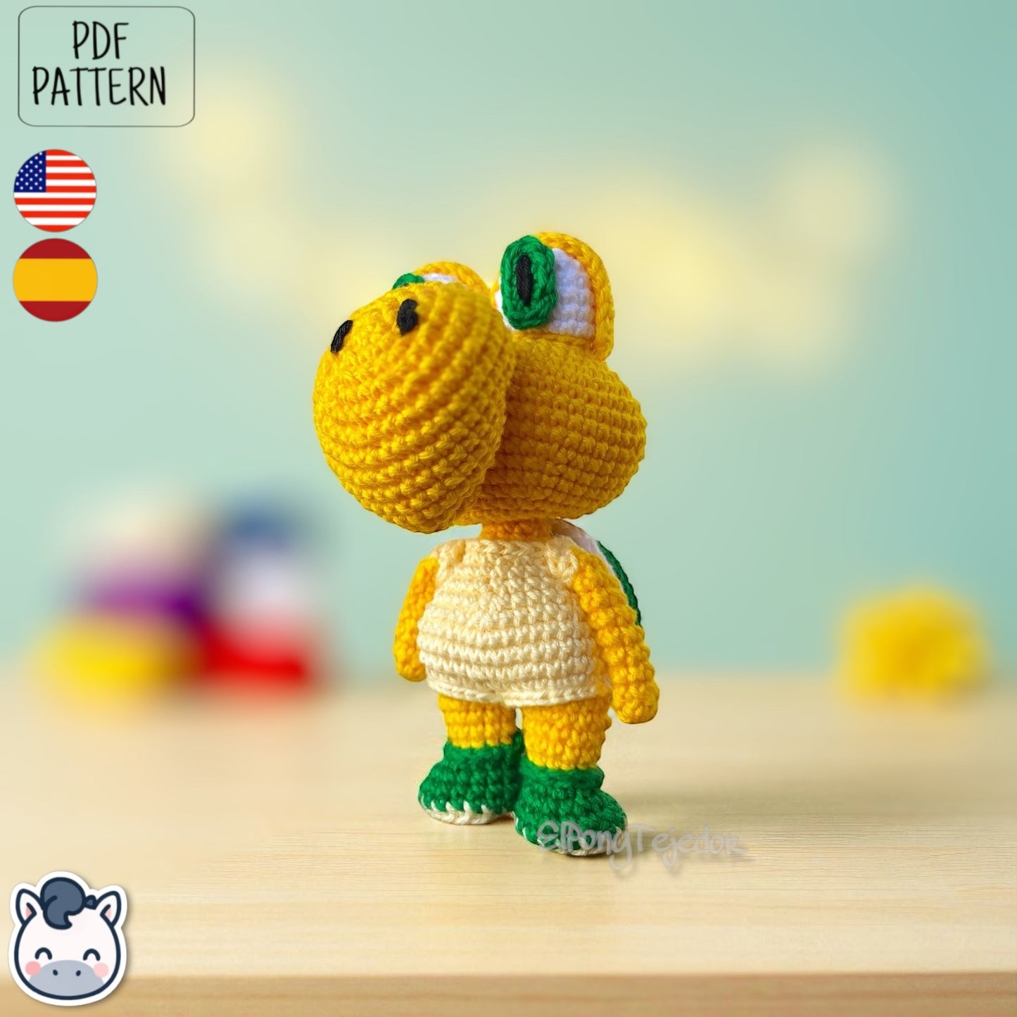Handmade Koopa amigurumi inspired by Nintendo’s Super Mario, a cute crochet pattern PDF perfect for retro gaming fans and geek collectors.