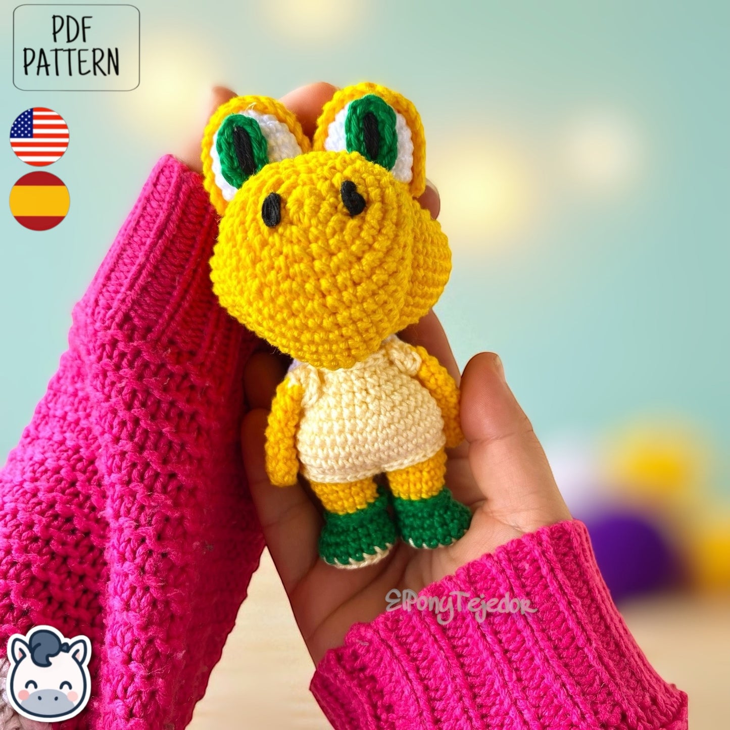 Handmade Koopa amigurumi inspired by Nintendo’s Super Mario, a cute crochet pattern PDF perfect for retro gaming fans and geek collectors.