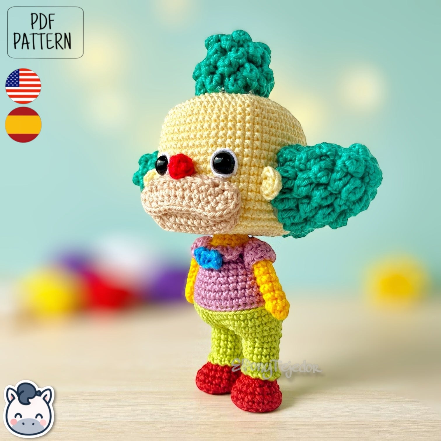 Handmade Krusty the Clown amigurumi inspired by Matt Groening’s The Simpsons, a fun and colorful crochet pattern perfect for fans of classic animation and mischievous clowns.
