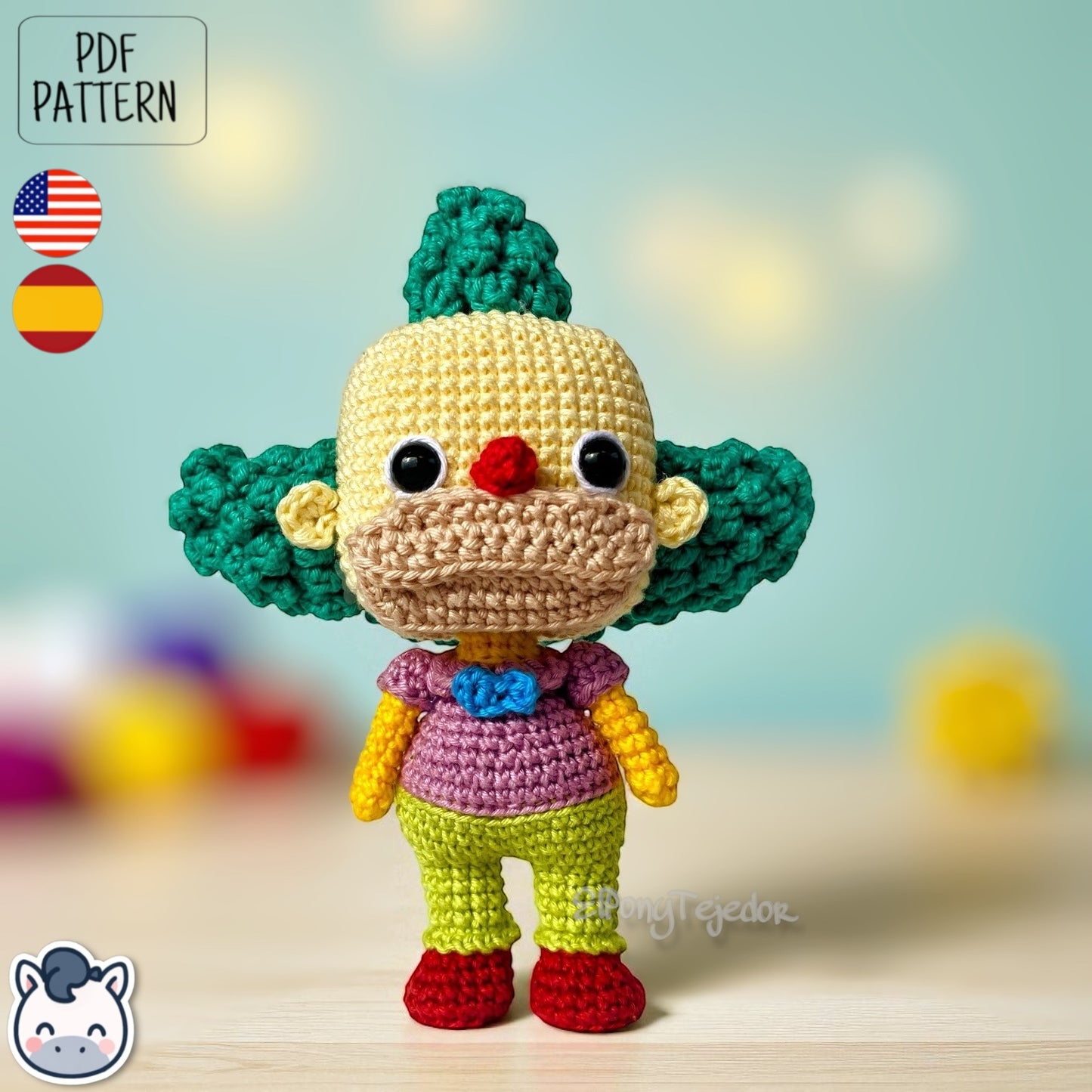 Handmade Krusty the Clown amigurumi inspired by Matt Groening’s The Simpsons, a fun and colorful crochet pattern perfect for fans of classic animation and mischievous clowns.