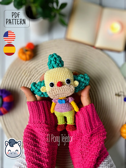 Handmade Krusty the Clown amigurumi inspired by Matt Groening’s The Simpsons, a fun and colorful crochet pattern perfect for fans of classic animation and mischievous clowns.