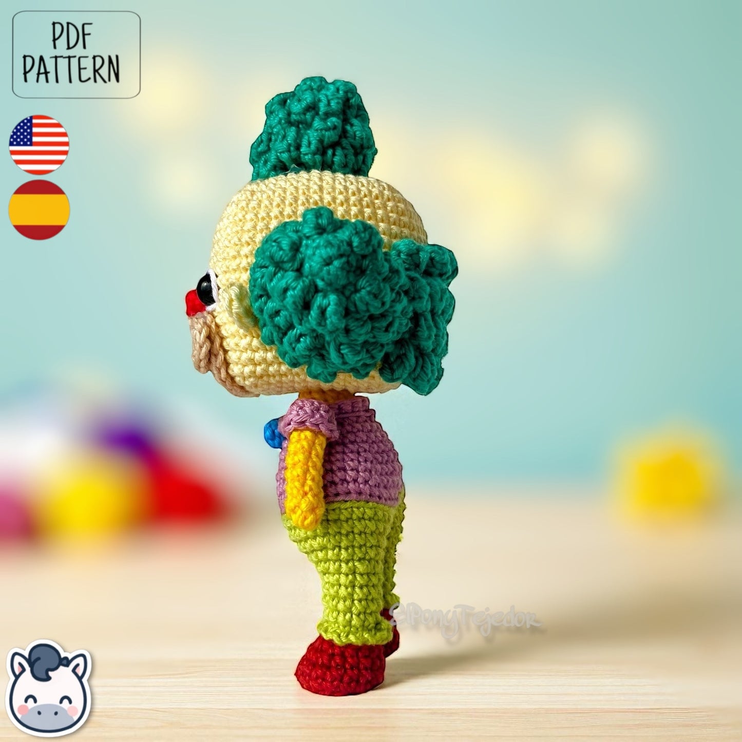 Handmade Krusty the Clown amigurumi inspired by Matt Groening’s The Simpsons, a fun and colorful crochet pattern perfect for fans of classic animation and mischievous clowns.