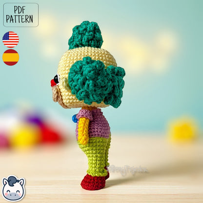 Handmade Krusty the Clown amigurumi inspired by Matt Groening’s The Simpsons, a fun and colorful crochet pattern perfect for fans of classic animation and mischievous clowns.