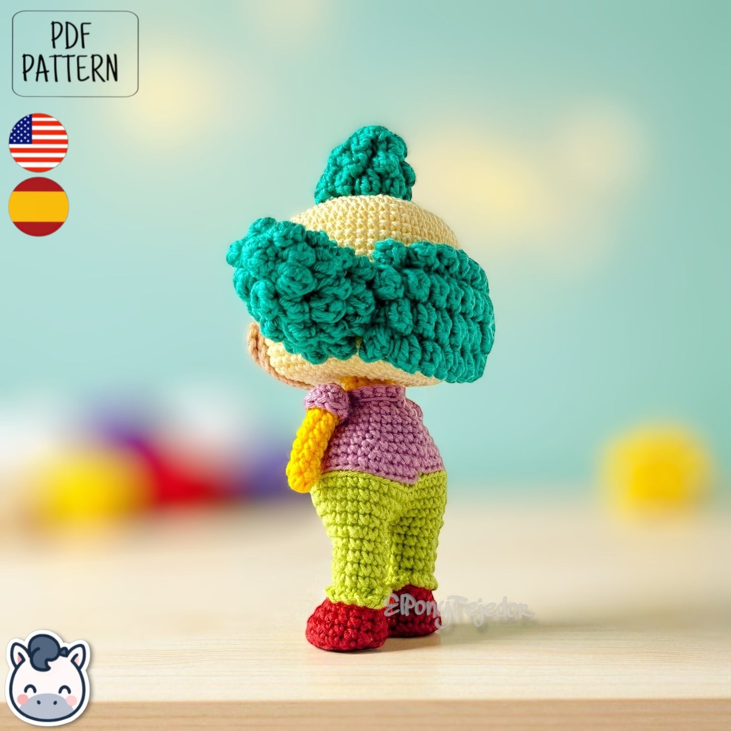 Handmade Krusty the Clown amigurumi inspired by Matt Groening’s The Simpsons, a fun and colorful crochet pattern perfect for fans of classic animation and mischievous clowns.
