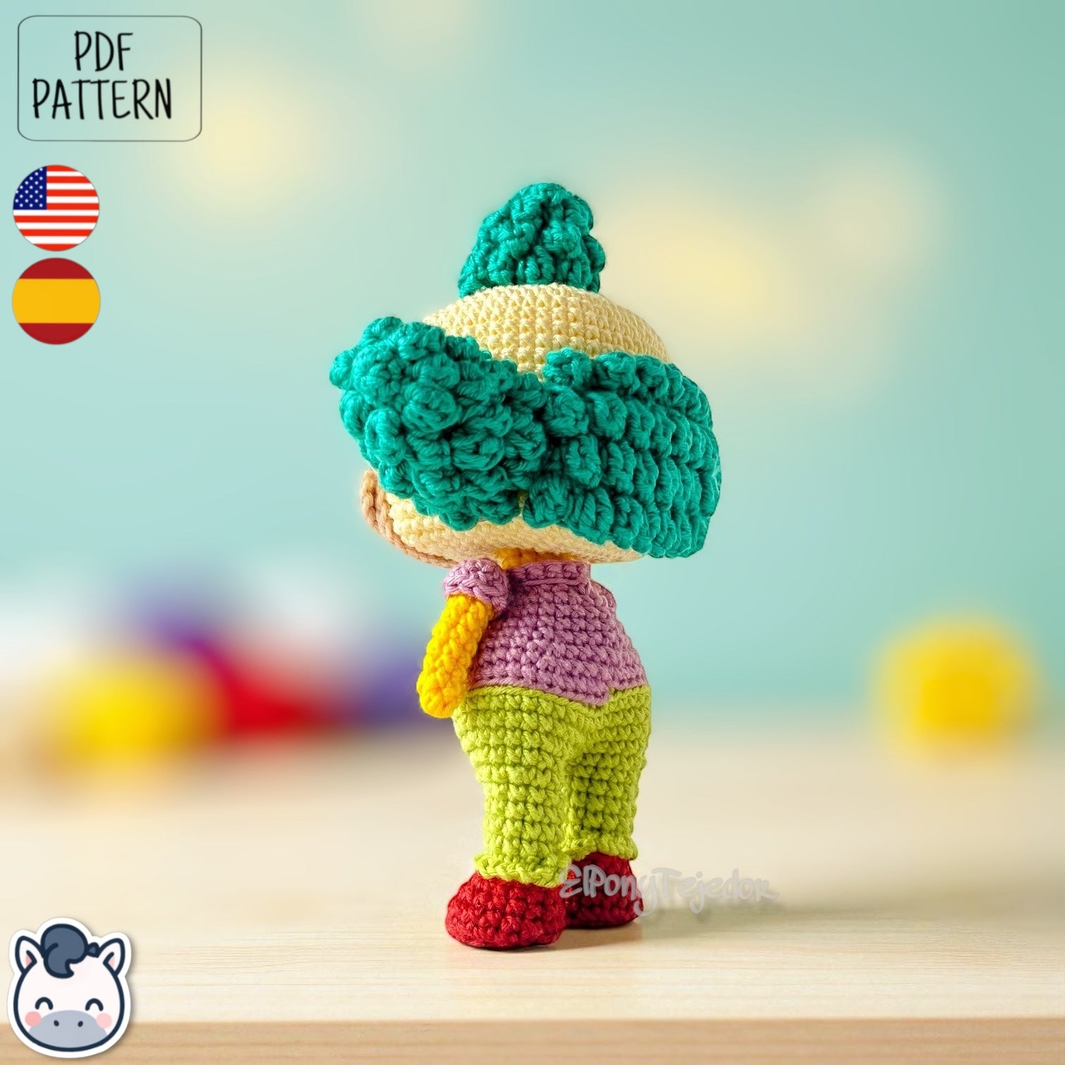 Handmade Krusty the Clown amigurumi inspired by Matt Groening’s The Simpsons, a fun and colorful crochet pattern perfect for fans of classic animation and mischievous clowns.