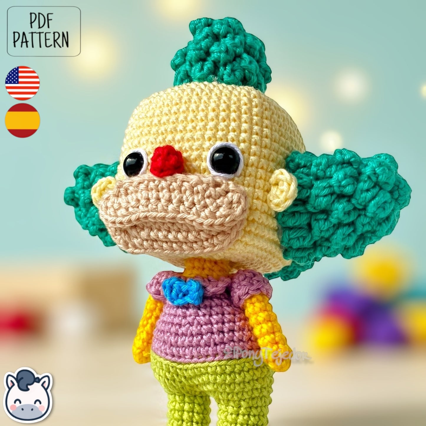 Handmade Krusty the Clown amigurumi inspired by Matt Groening’s The Simpsons, a fun and colorful crochet pattern perfect for fans of classic animation and mischievous clowns.