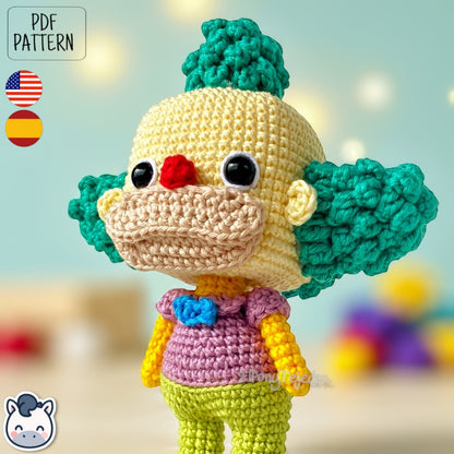 Handmade Krusty the Clown amigurumi inspired by Matt Groening’s The Simpsons, a fun and colorful crochet pattern perfect for fans of classic animation and mischievous clowns.
