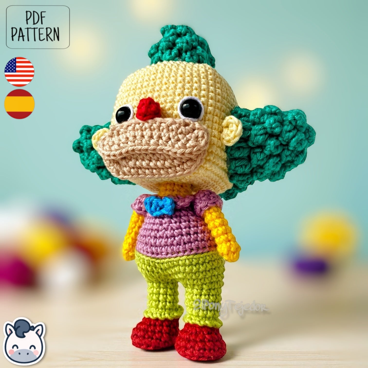 Handmade Krusty the Clown amigurumi inspired by Matt Groening’s The Simpsons, a fun and colorful crochet pattern perfect for fans of classic animation and mischievous clowns.