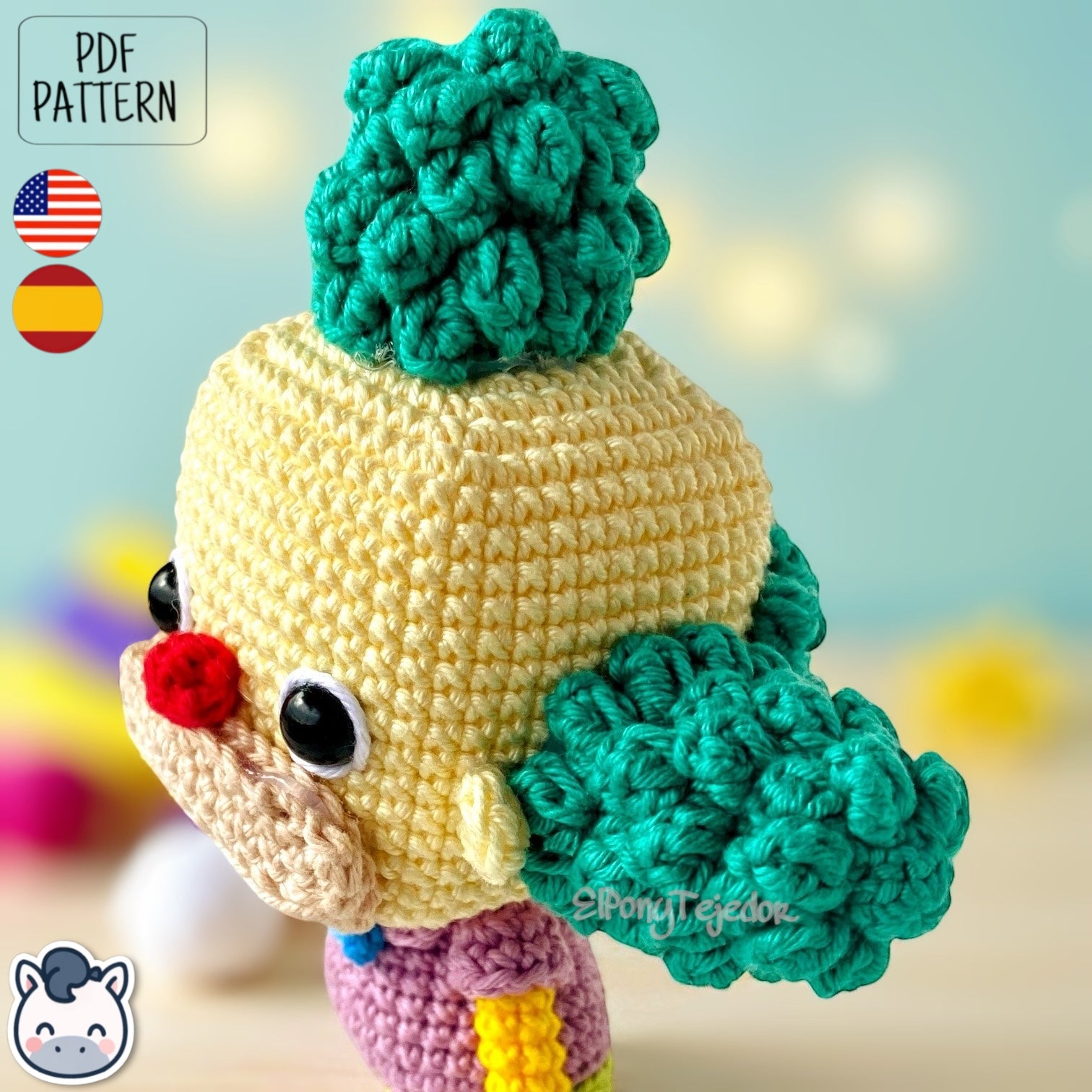 Handmade Krusty the Clown amigurumi inspired by Matt Groening’s The Simpsons, a fun and colorful crochet pattern perfect for fans of classic animation and mischievous clowns.