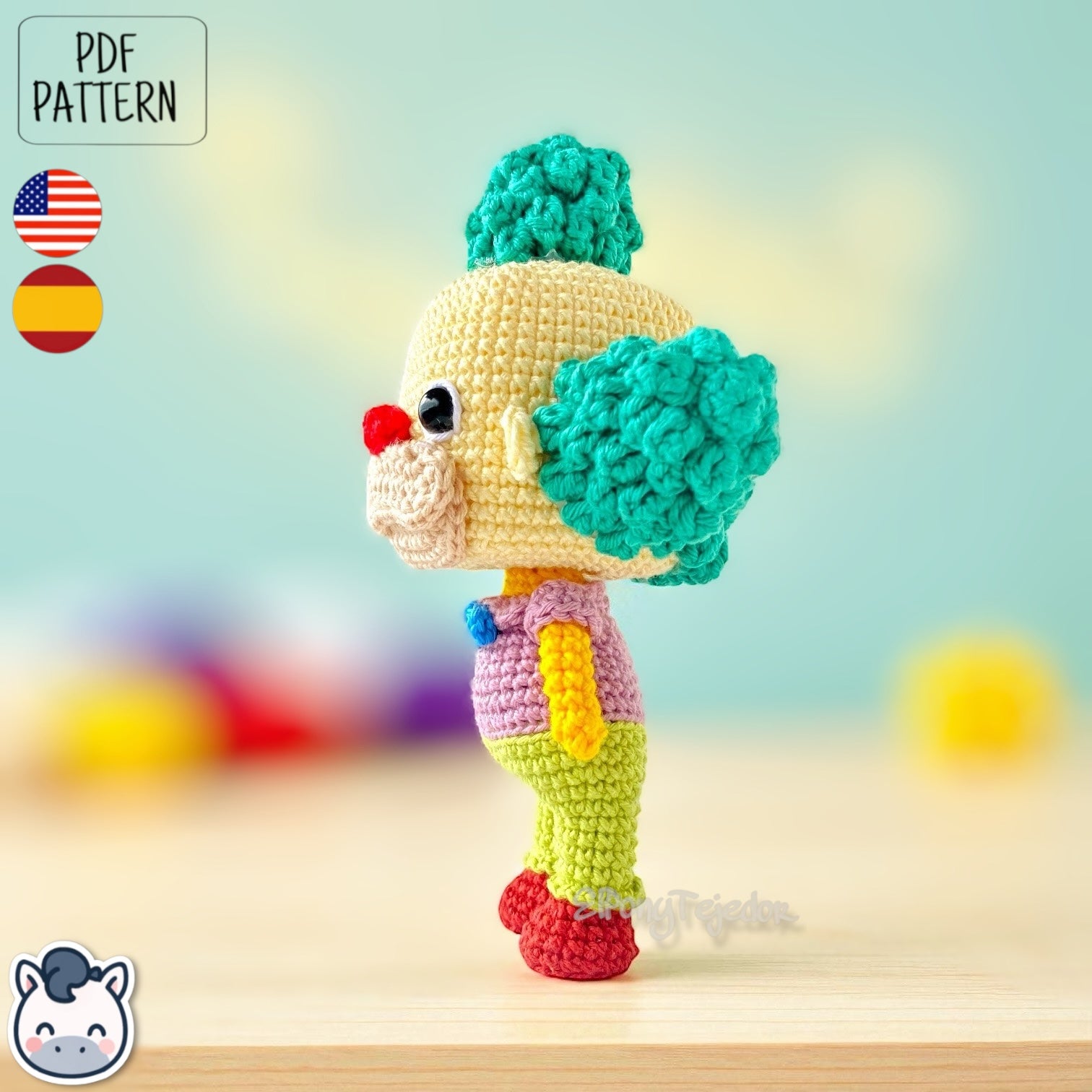 Handmade Krusty the Clown amigurumi inspired by Matt Groening’s The Simpsons, a fun and colorful crochet pattern perfect for fans of classic animation and mischievous clowns.