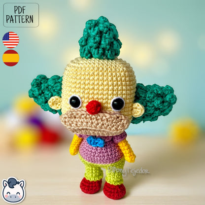 Handmade Krusty the Clown amigurumi inspired by Matt Groening’s The Simpsons, a fun and colorful crochet pattern perfect for fans of classic animation and mischievous clowns.