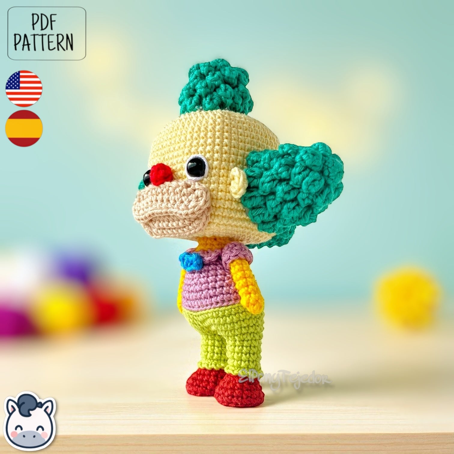 Handmade Krusty the Clown amigurumi inspired by Matt Groening’s The Simpsons, a fun and colorful crochet pattern perfect for fans of classic animation and mischievous clowns.