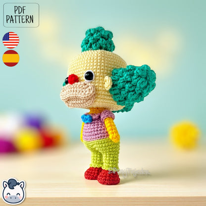Handmade Krusty the Clown amigurumi inspired by Matt Groening’s The Simpsons, a fun and colorful crochet pattern perfect for fans of classic animation and mischievous clowns.