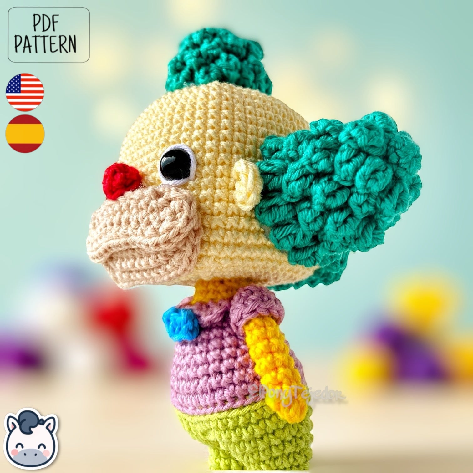 Handmade Krusty the Clown amigurumi inspired by Matt Groening’s The Simpsons, a fun and colorful crochet pattern perfect for fans of classic animation and mischievous clowns.