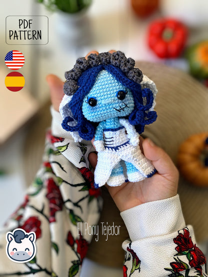 Handmade Corpse Bride amigurumi inspired by Tim Burton’s movie, a perfect pattern for fans of gothic romance, Halloween, and dark fairy tales.