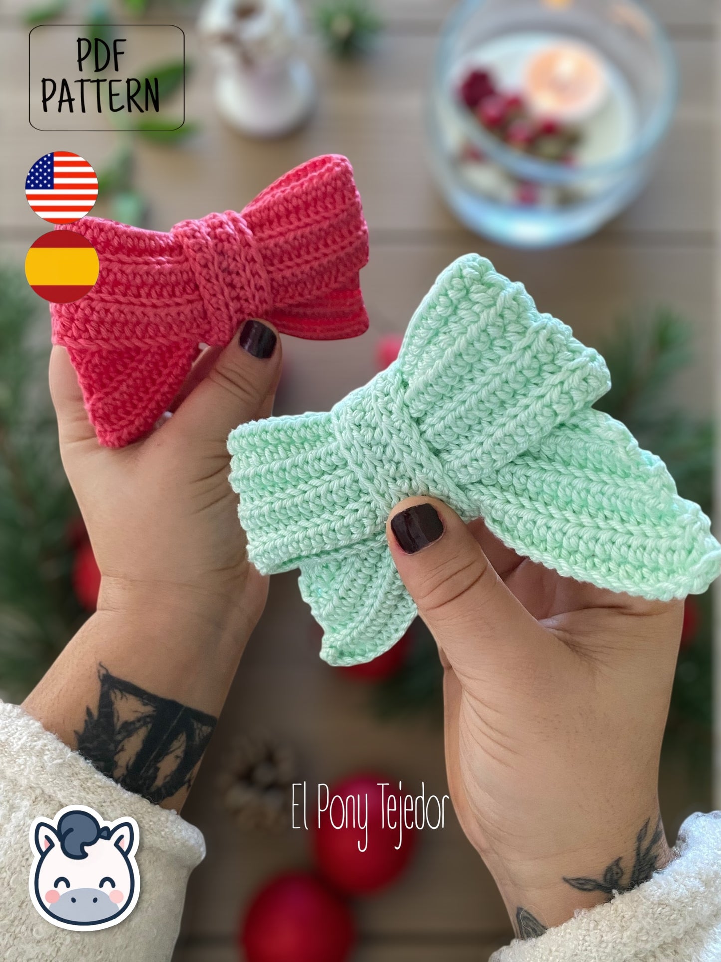 Handmade Christmas Bow amigurumi inspired by festive holiday decorations, a cozy winter crochet pattern PDF perfect for fans of Christmas crafts and handmade