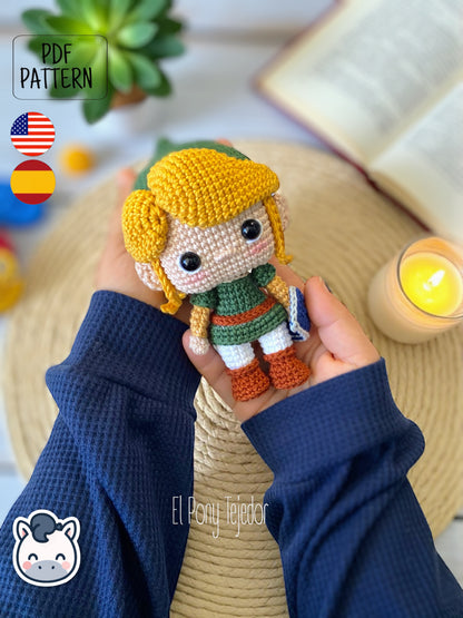 Handmade Link amigurumi inspired by Nintendo’s The Legend of Zelda, a perfect crochet pattern for fans of fantasy adventures and classic video games.