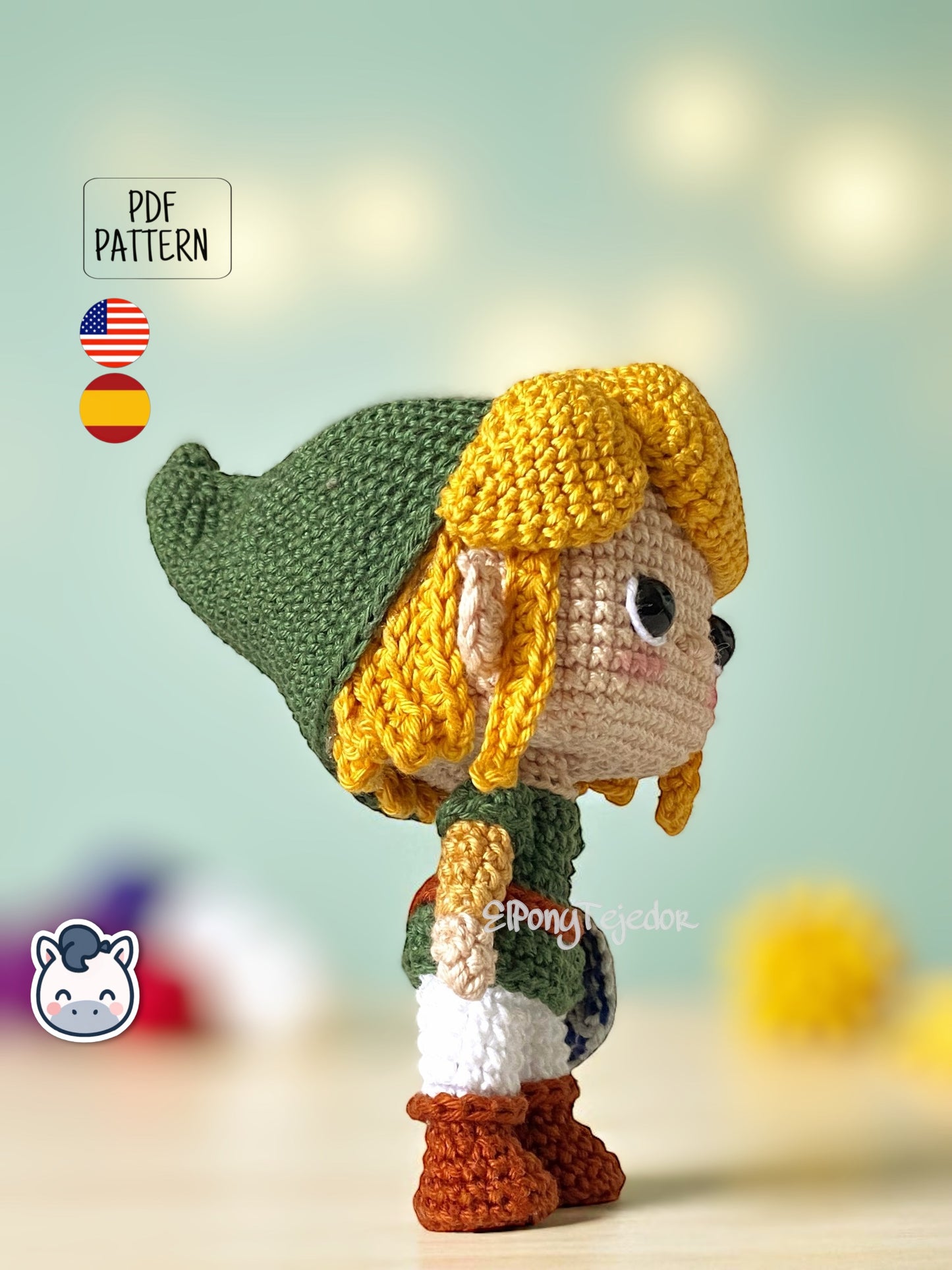 Handmade Link amigurumi inspired by Nintendo’s The Legend of Zelda, a perfect crochet pattern for fans of fantasy adventures and classic video games.