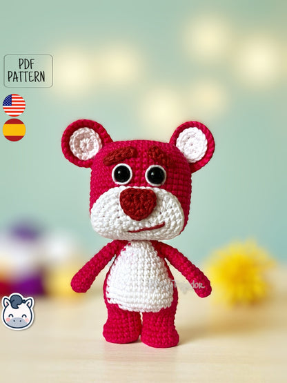 Handmade Lotso amigurumi inspired by Disney and Pixar’s Toy Story, a perfect pattern for fans of pink bears, cute characters, and geek crochet art.