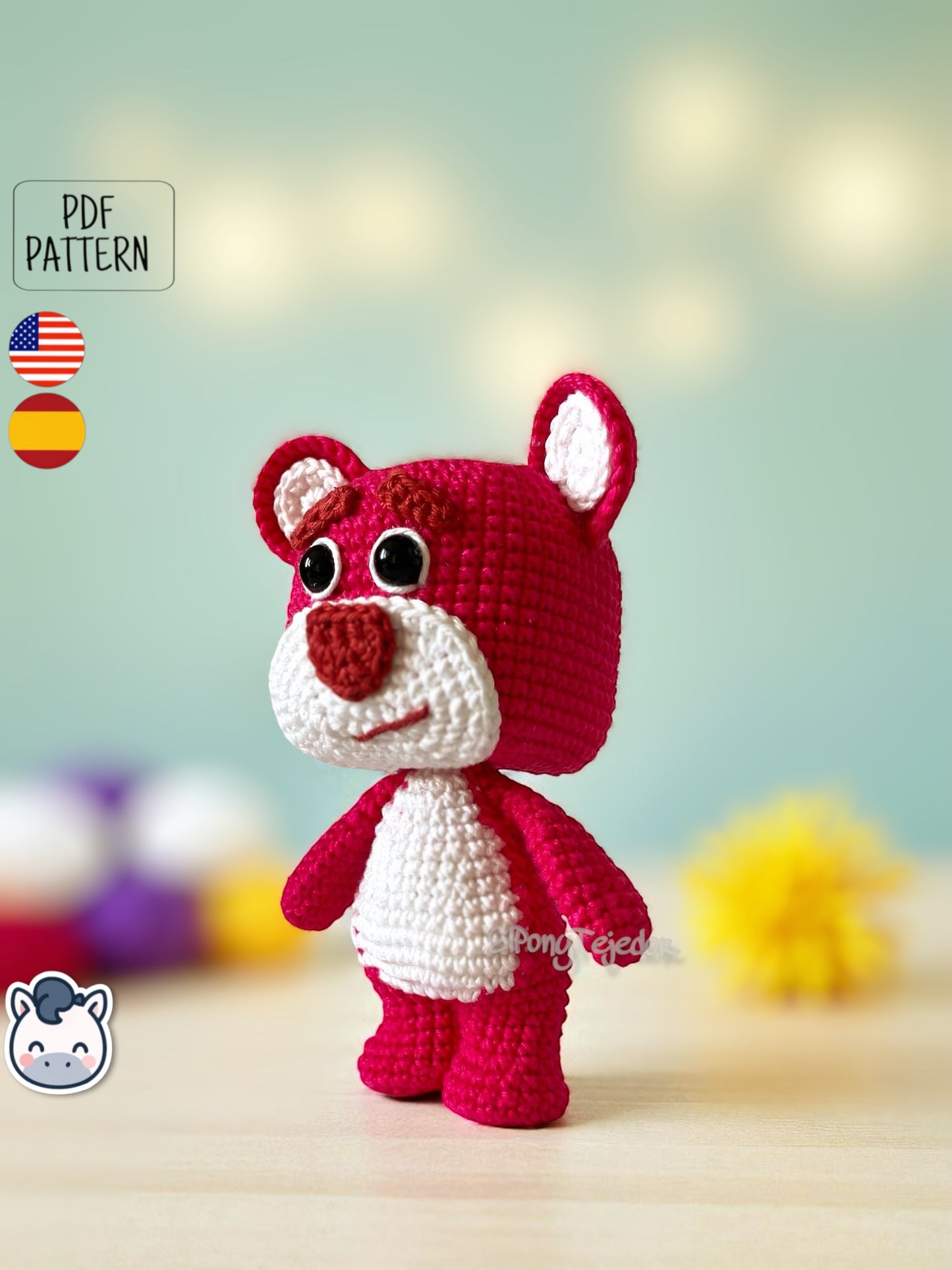 Handmade Lotso amigurumi inspired by Disney and Pixar’s Toy Story, a perfect pattern for fans of pink bears, cute characters, and geek crochet art.