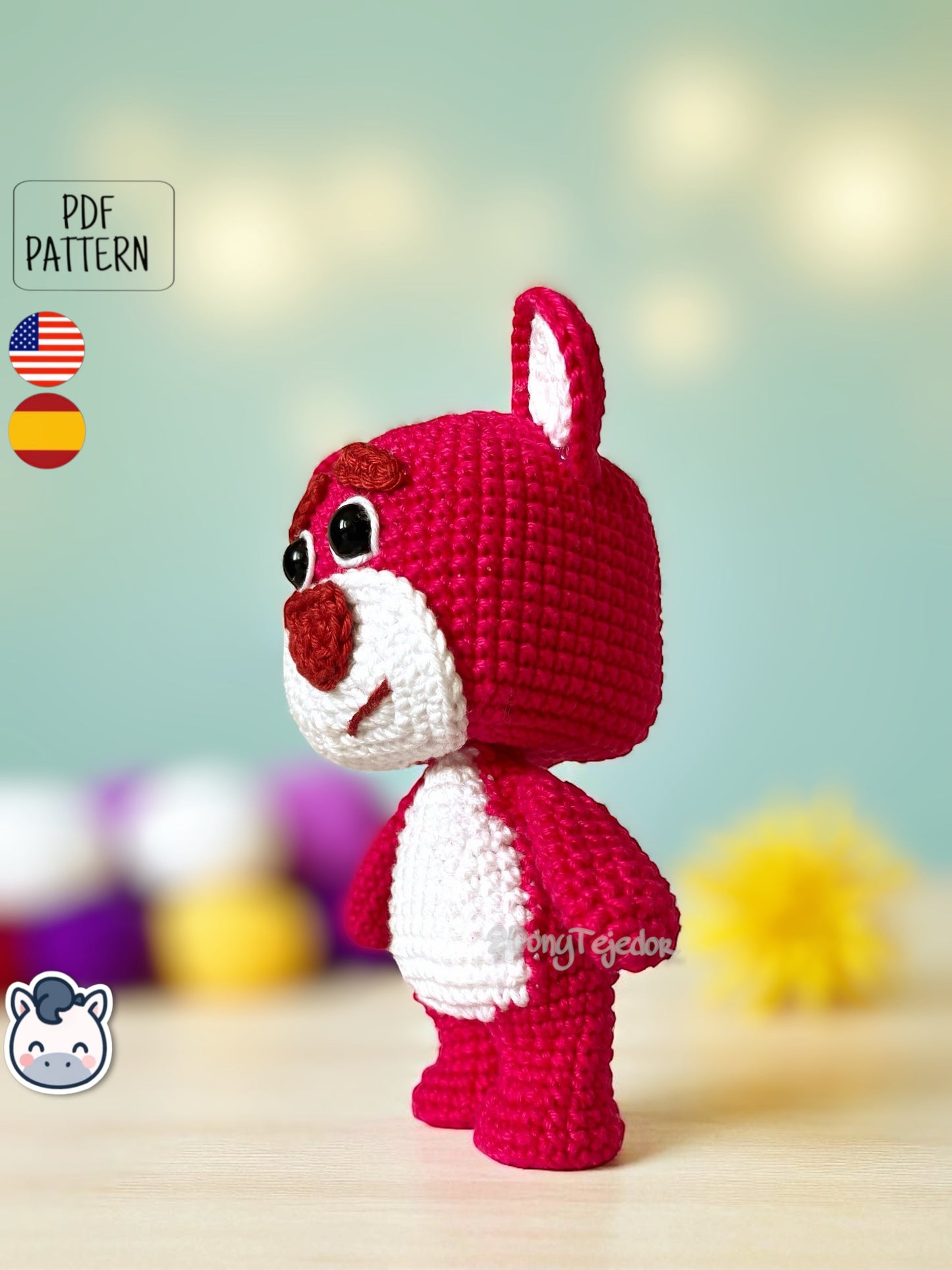 Handmade Lotso amigurumi inspired by Disney and Pixar’s Toy Story, a perfect pattern for fans of pink bears, cute characters, and geek crochet art.