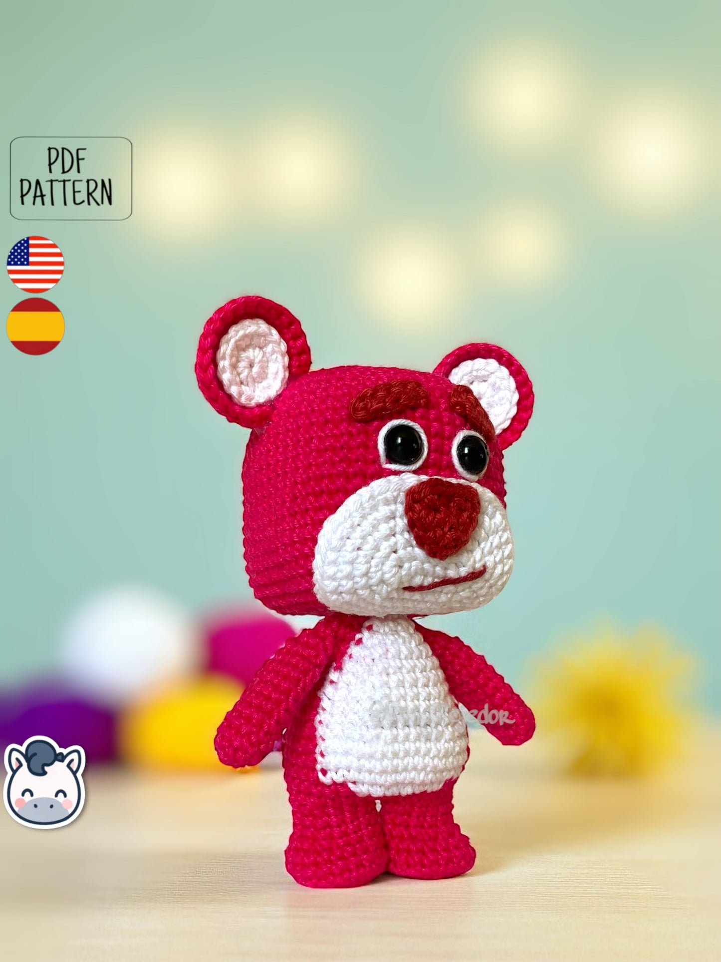 Handmade Lotso amigurumi inspired by Disney and Pixar’s Toy Story, a perfect pattern for fans of pink bears, cute characters, and geek crochet art.