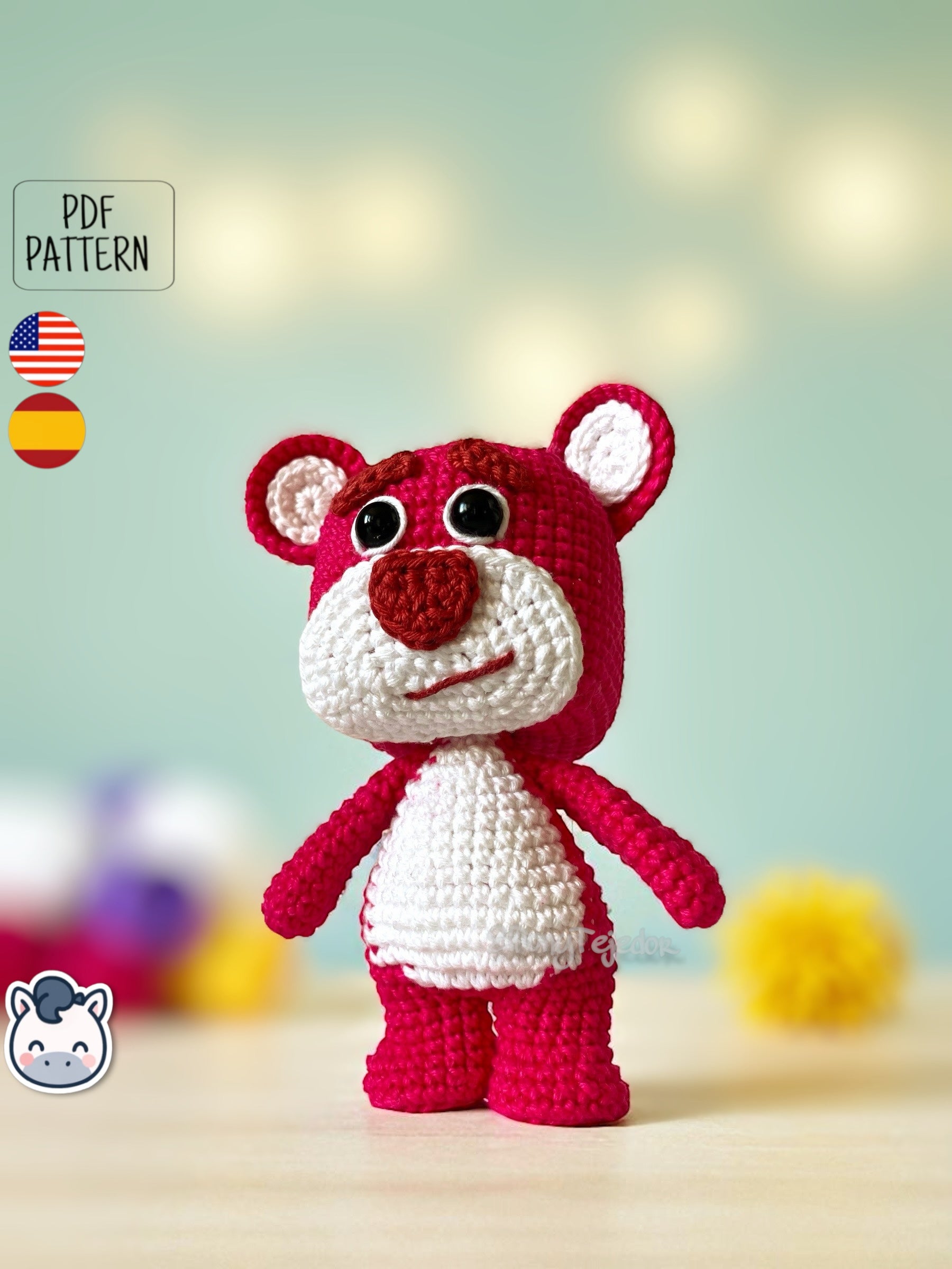Handmade Lotso amigurumi inspired by Disney and Pixar’s Toy Story, a perfect pattern for fans of pink bears, cute characters, and geek crochet art.