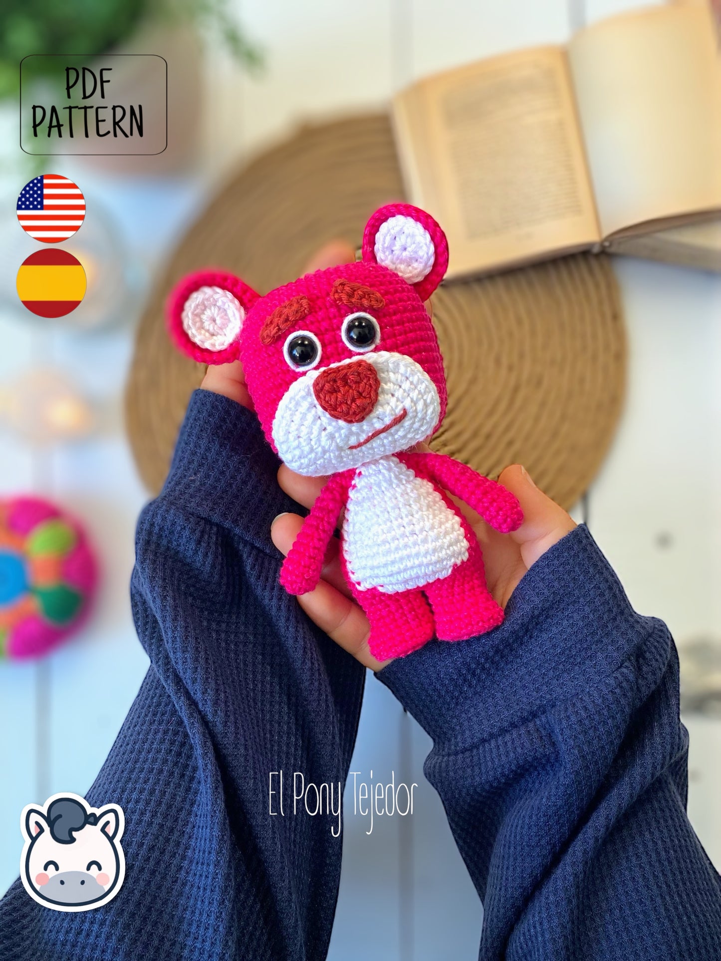 Handmade Lotso amigurumi inspired by Disney and Pixar’s Toy Story, a perfect pattern for fans of pink bears, cute characters, and geek crochet art.