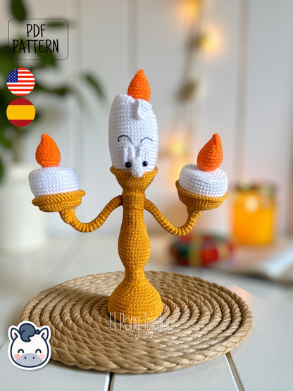 Handmade Lumière amigurumi inspired by Disney’s Beauty and the Beast, a perfect pattern for fairy tale and Disney fans who love magical and vintage aesthetics.