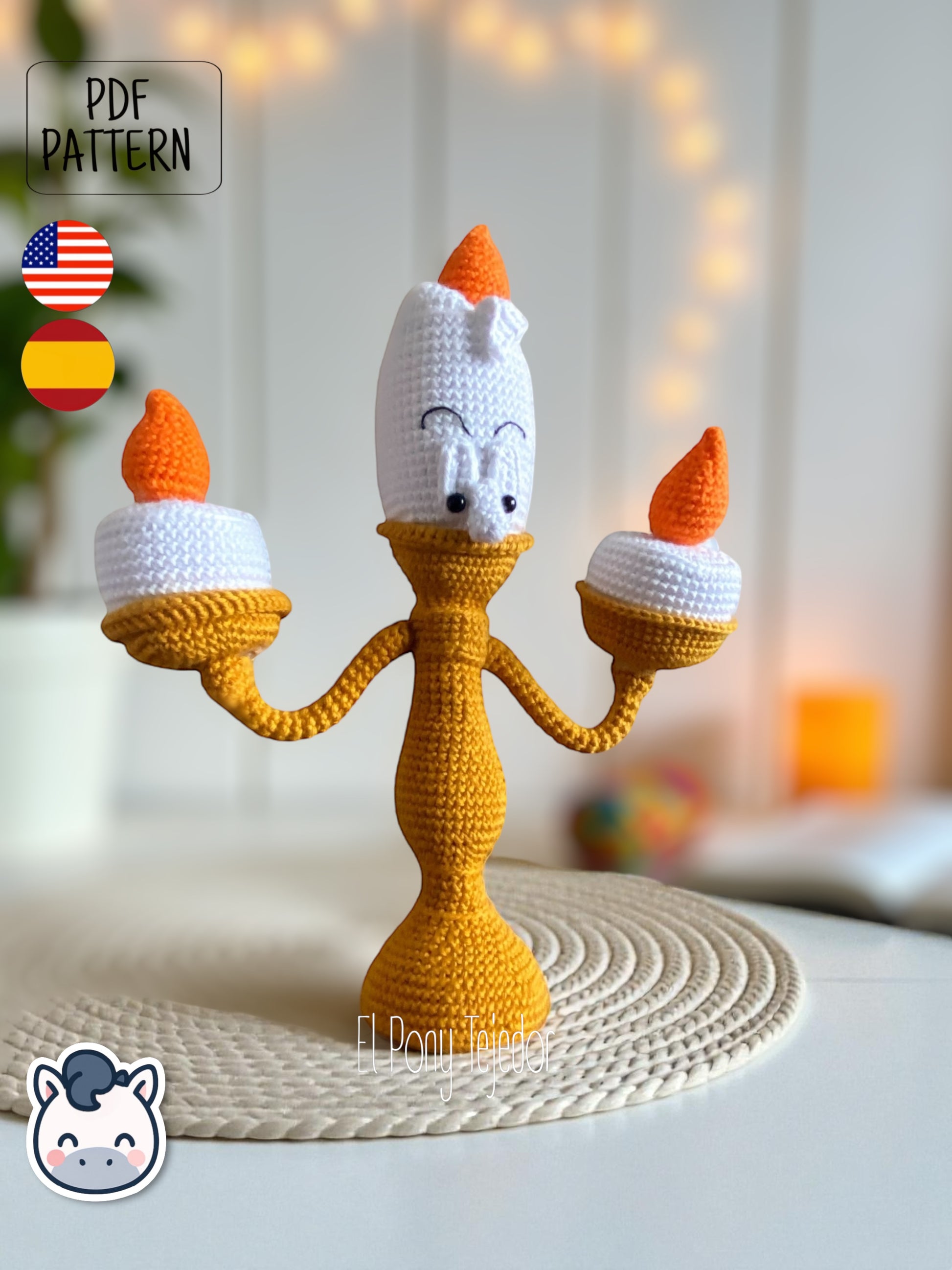 Handmade Lumière amigurumi inspired by Disney’s Beauty and the Beast, a perfect pattern for fairy tale and Disney fans who love magical and vintage aesthetics.