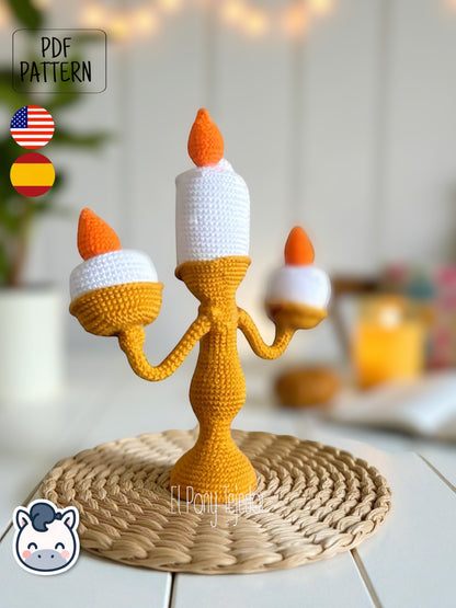 Handmade Lumière amigurumi inspired by Disney’s Beauty and the Beast, a perfect pattern for fairy tale and Disney fans who love magical and vintage aesthetics.