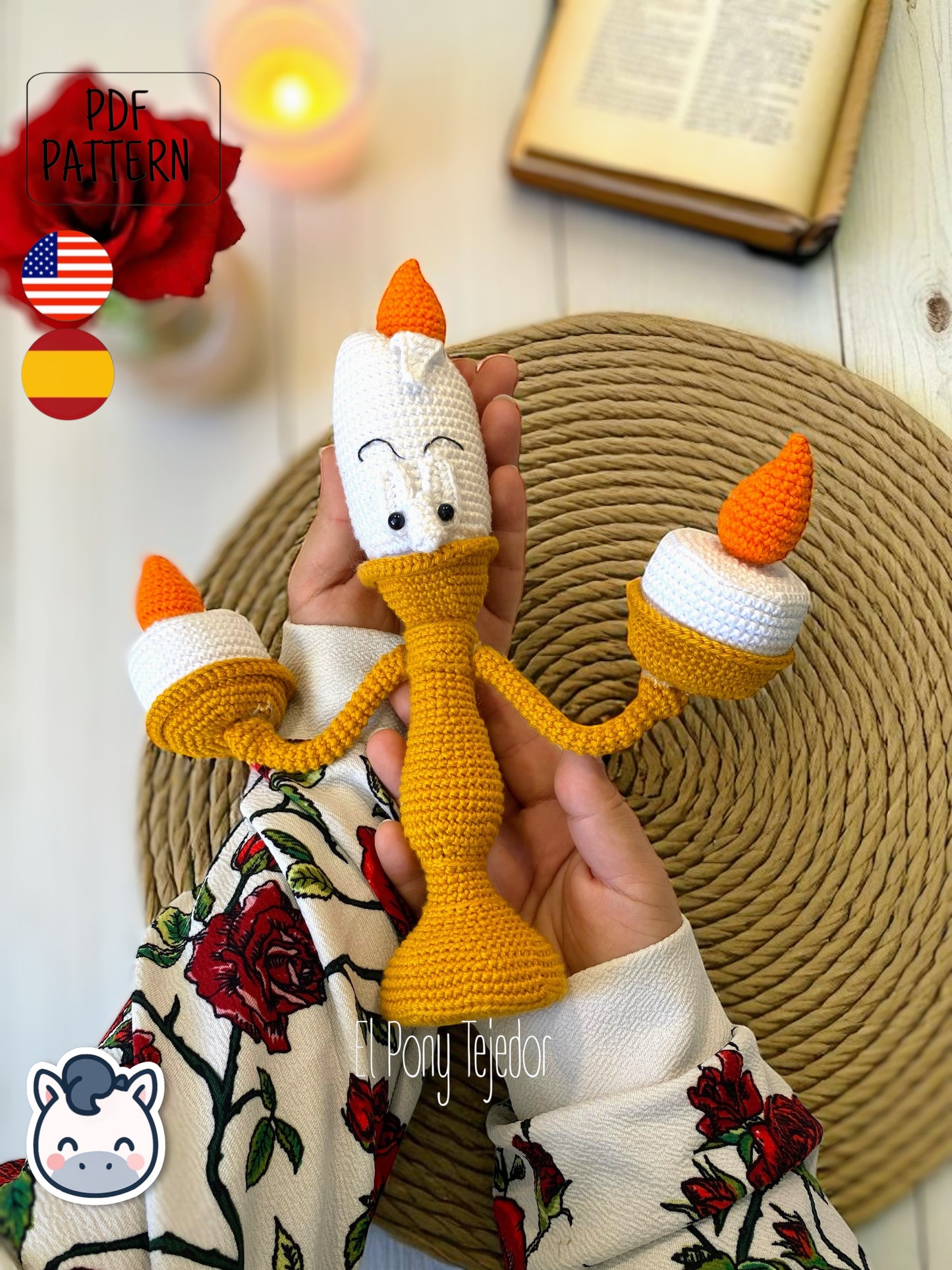 Handmade Lumière amigurumi inspired by Disney’s Beauty and the Beast, a perfect pattern for fairy tale and Disney fans who love magical and vintage aesthetics.