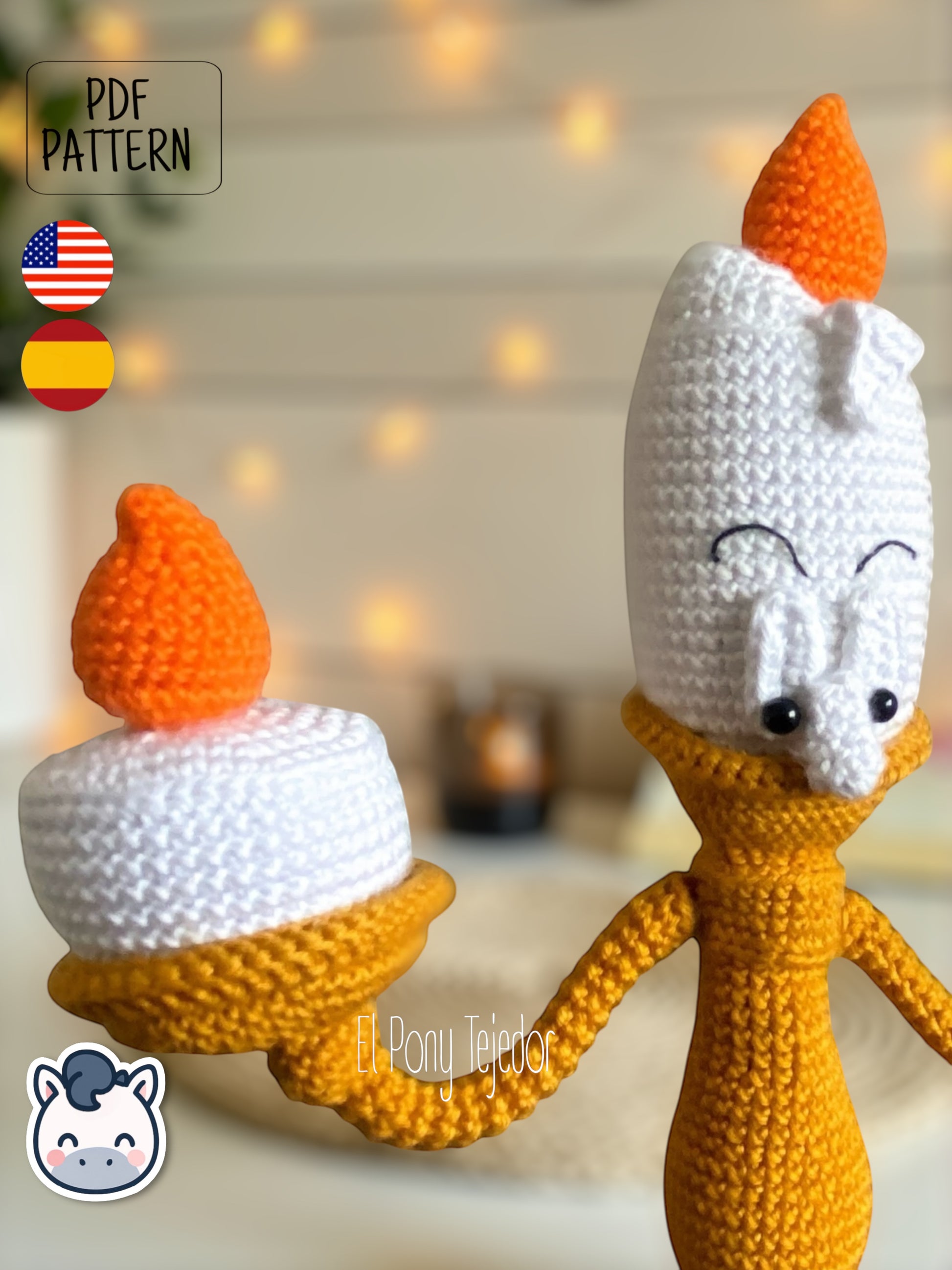 Handmade Lumière amigurumi inspired by Disney’s Beauty and the Beast, a perfect pattern for fairy tale and Disney fans who love magical and vintage aesthetics.