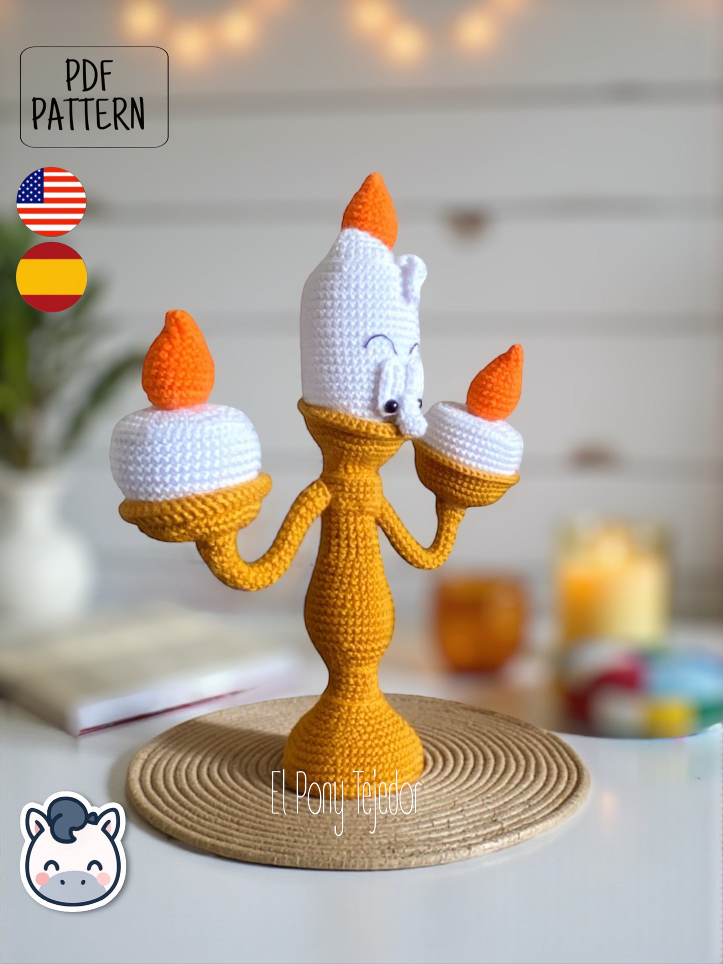 Handmade Lumière amigurumi inspired by Disney’s Beauty and the Beast, a perfect pattern for fairy tale and Disney fans who love magical and vintage aesthetics.