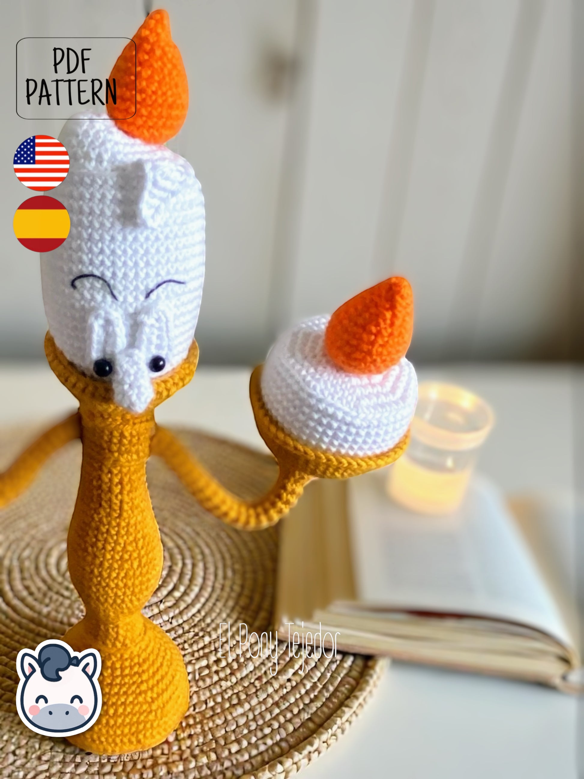 Handmade Lumière amigurumi inspired by Disney’s Beauty and the Beast, a perfect pattern for fairy tale and Disney fans who love magical and vintage aesthetics.