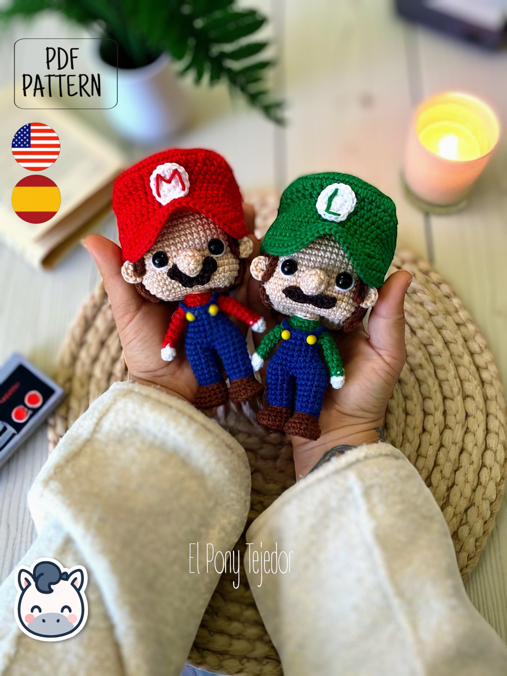 Handmade Mario and Luigi amigurumi inspired by Nintendo’s Super Mario Bros, a perfect pattern for fans of retro video games, geek collectibles, and crochet art.