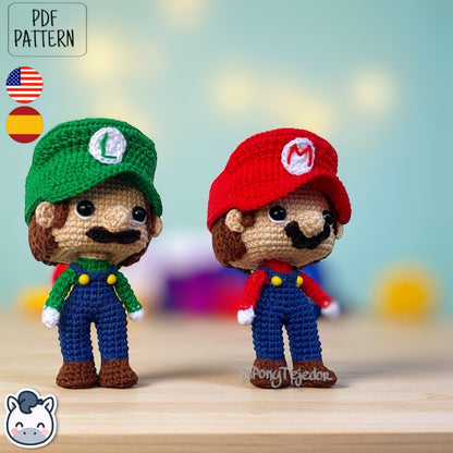 Handmade Mario and Luigi amigurumi inspired by Nintendo’s Super Mario Bros, a perfect pattern for fans of retro video games, geek collectibles, and crochet art.