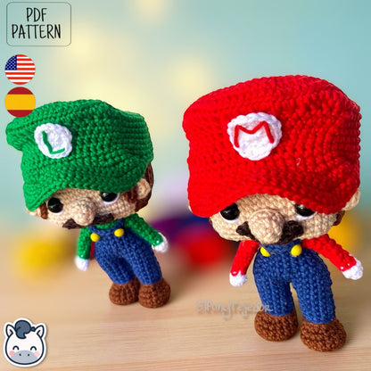 Handmade Mario and Luigi amigurumi inspired by Nintendo’s Super Mario Bros, a perfect pattern for fans of retro video games, geek collectibles, and crochet art.