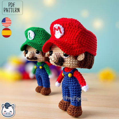 Handmade Mario and Luigi amigurumi inspired by Nintendo’s Super Mario Bros, a perfect pattern for fans of retro video games, geek collectibles, and crochet art.