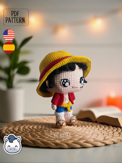 Handmade Monkey D. Luffy amigurumi inspired by Eiichiro Oda’s One Piece, a perfect pattern for fans of pirates, anime adventures, and Japanese manga classics.